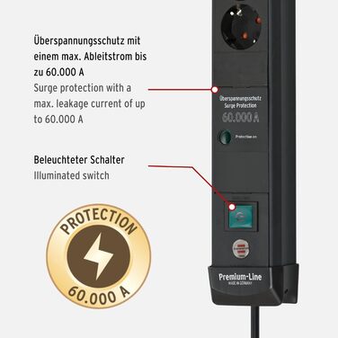 Бренненштуль Преміум-лайн: мережевий фільтр 6 виходів з захистом від перенапруги до 60 000A (з вимикачем та 3м кабелем, для монтажу на стіну, Made in Germany), чорний (струмопровід 60 000A, комплект мережевої стрічки)