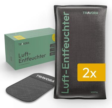 TRAVORA Dehumidifier Pillow 2x 1 kg with Anti-Slip Pad - Dehumidifier - reusable - car interior - extra large, Black
