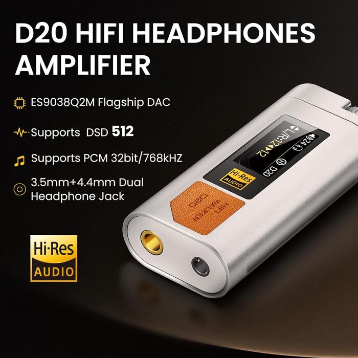 HIFI WALKER D20 DAC512: Портативний підсилювач/ЦАП для навушників – USB ЦАП Hi-Res аудіо з 4.4 мм балансним та 3.5 мм виходом, ES9038Q2M + CT7601PR, підтримка PCM 768 кГц/DSD512, алюміній, OLED дисплей, сріблястий