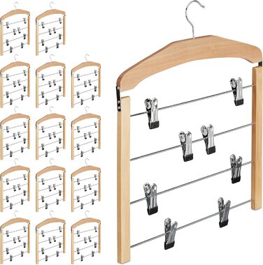 15 x Rock Hangers, Trouser Hangers Wood, 360° Swivel Hook, Clothes Hangers Non-Slip, HBT 45.5x39x2.5cm, Silver/Natural