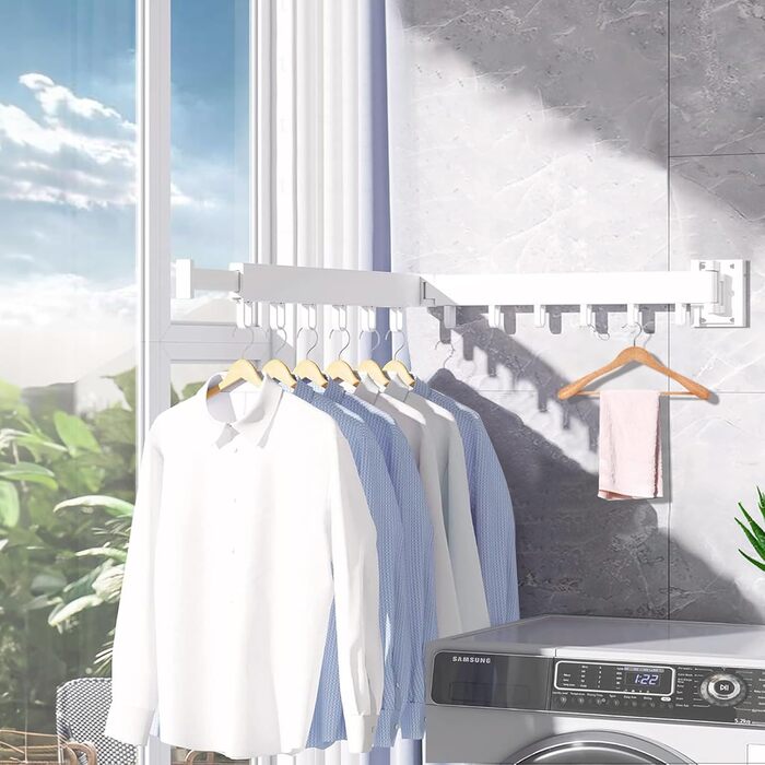 Настінна сушилка для білизни 120см, висувна, складна, з 18 гачками - для балкона, ванної, спальні, білий