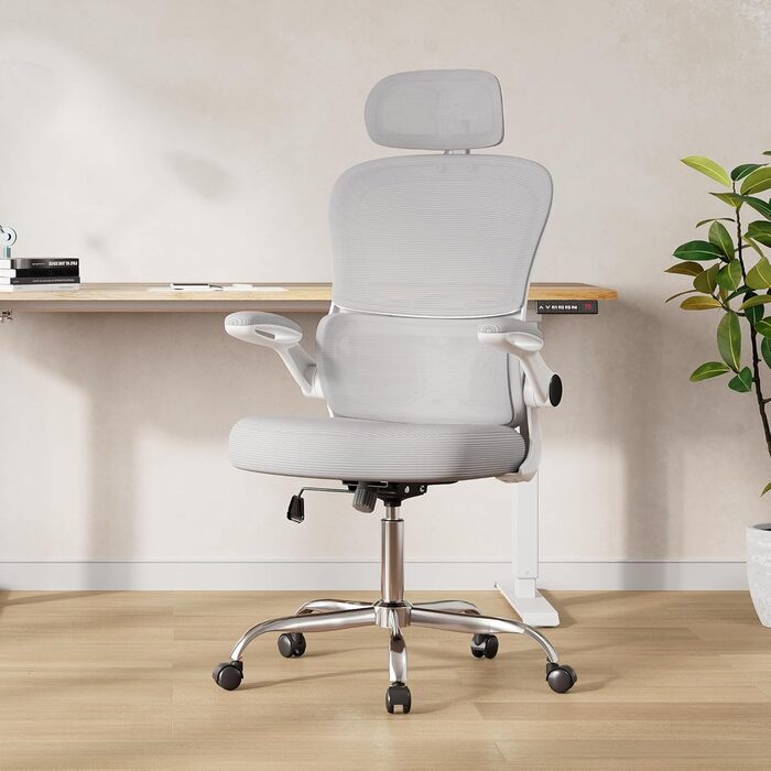 Офісне крісло Devaise ергономічне з підтримкою попереку, 3D-підголівником, регульованими підлокітниками та сітчастою спинкою, для офісу та дому, до 150 кг (сірий)