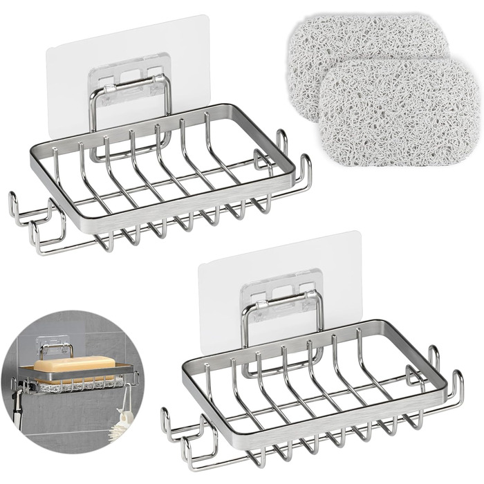 Набір з 2 шт. тримач для мила з нержавіючої сталі 304, для душу та ванної кімнати, кріплення без свердління, з гачком та підставкою для мила, срібний колір