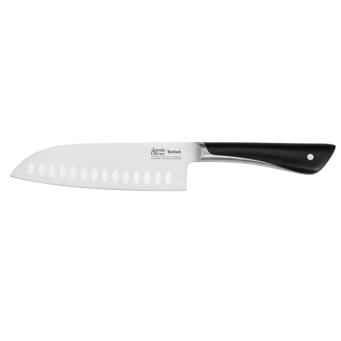 Набір кухонних ножів Jamie Oliver by Tefal (6 предметів) - шеф, сантоку, для хліба, універсальний, овочевий + дерев'яний блок з акації, сталь, коричневий K267S556