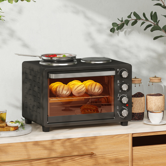 HOMCOM 28L Mini Oven 2600W Mini Oven 100-230℃ 60 Min. Timer, with 2 Warming Plates, Baking Tray and Grill Rack Pizza Oven with Crumb Tray, Tabletop Handle Black | Aosom