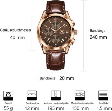 Чоловічий годинник OLEVS Vintage з шкіряним ремінцем, великий циферблат, водонепроникний, аналоговий годинник з датою, коричневий циферблат/коричневий ремінець