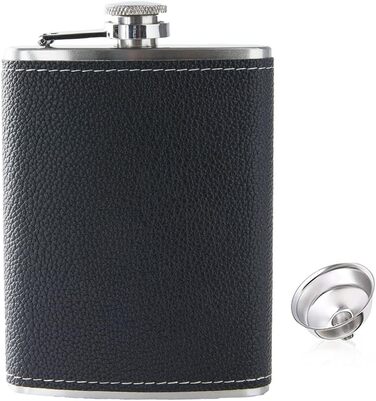 Фляга з нержавіючої сталі 8oz (240 мл) з подарунковим набором: два стаканчика та воронка. Чорна шкіряна фляга з візерунком лічі. Підходить для алкоголю.