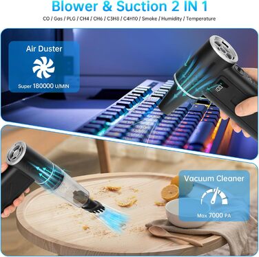 HERBYD 2-в-1 Електричний Пилосос-Обдув 180000 об/хв з Акумулятором 8000mAh та Цифровим Дисплеєм для Комп'ютера, Клавіатури, Дому та Автомобіля