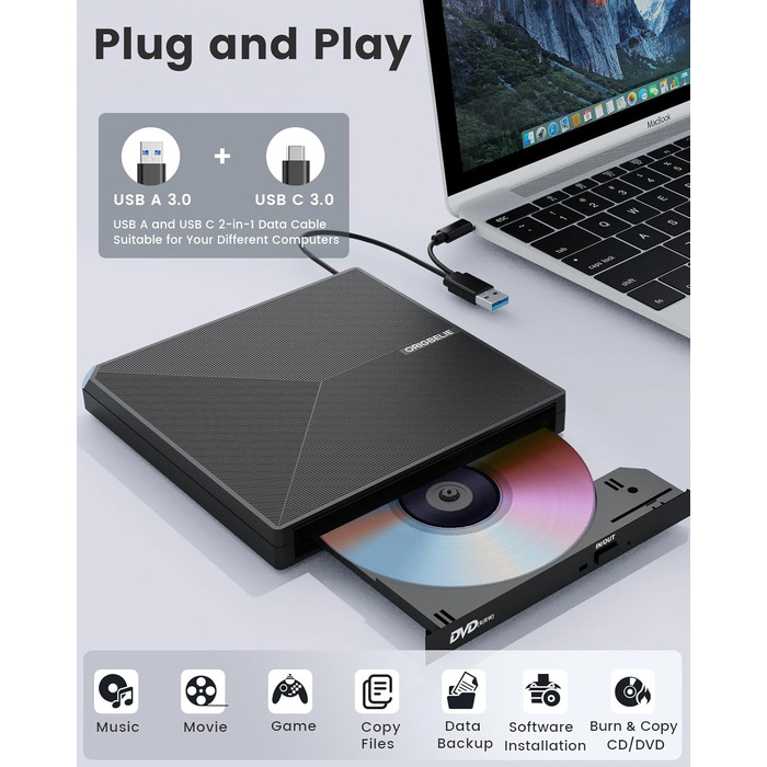 Зовнішній DVD-привід ORIGBELIE USB 3.0 та Type-C, портативний DVD-записувач для ноутбука та ПК