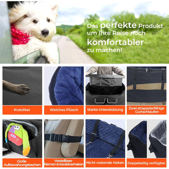 Stable Multi-Pet Car Seat with Safety Belt - Elevated Dog Basket for Medium Dogs, Washable & Reinforced - Royal Blue, Large