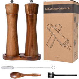 Set of 2 pepper mills made of good wood, salt and pepper mill set, 21 cm length, allows adjustment of the pepper grind, spice grinder with stainless steel core.