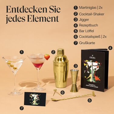 Коктейльний набір Cocora Martini 8 предметів: шейкер, келихи для Мартіні, книга рецептів, подарункова упаковка (золото)