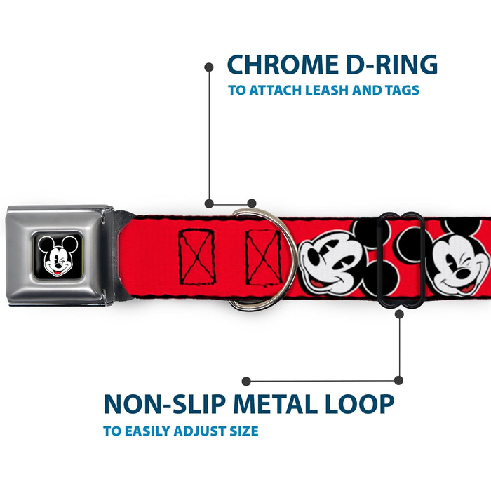 Нашийник для собак Buckle-Down з пряжкою Mickey Mouse, червоно-чорно-білий, ширина 2.5 см, розмір 23-38 см, S
