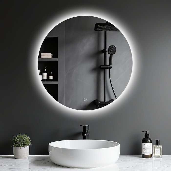 Дзеркало для ванної кімнати з підсвіткою LED, антизапітніння, сенсорне керування, регулювання яскравості, 3 кольори світла, функція пам'яті, захист від вибуху, кругле дзеркало 50 см