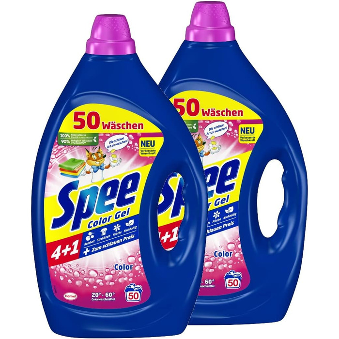 Рідкий пральний засіб Spee Aktiv Gel Color 4+1 для кольорових речей, 2.25 л (набір 2 шт, 100 прань), 20-60°C