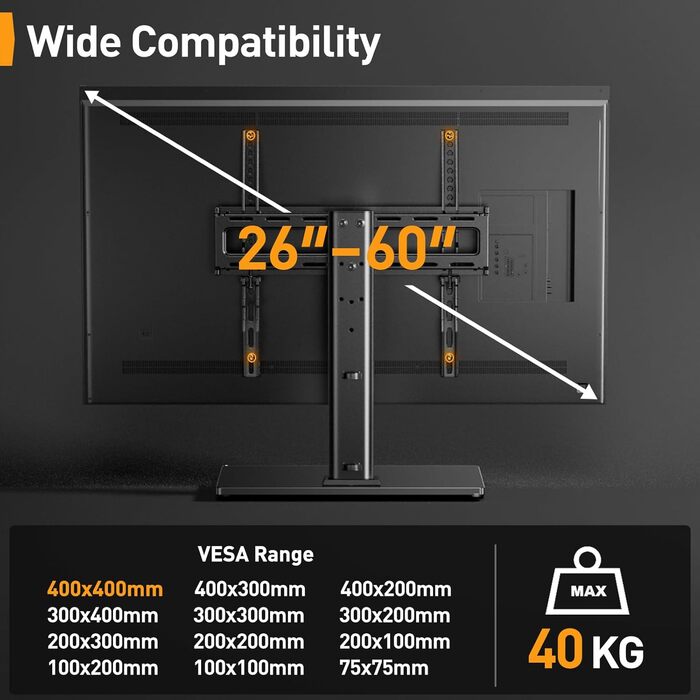 Підставка для телевізора Perlegear: поворотна, для OLED/LCD/LED, 26-60 дюймів, до 40 кг, VESA 400x400 мм, регулювання висоти