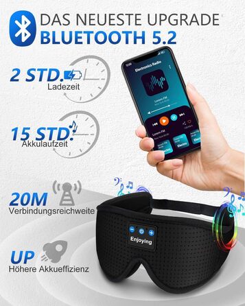 Маска для сну з Bluetooth навушниками 3D, чорна. Блокує світло, з мікрофоном, для сну та подорожей, унісекс.
