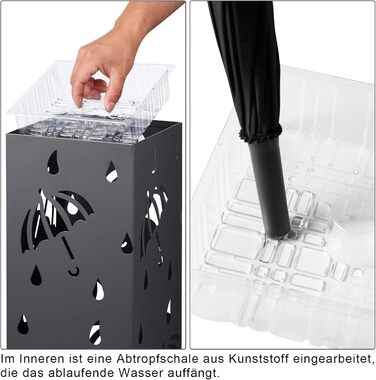 WOLTU Iron Umbrella Stand - Rectangular, 20x20x49cm - with Water Tray & 4 Hooks - Anthracite SST02an