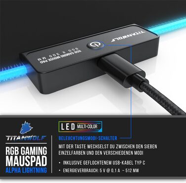 Ігровий килимок для миші TITANWOLF RGB XXL (800x300 мм) з LED-підсвіткою, 11 режимів освітлення, вологостійкий, чорний