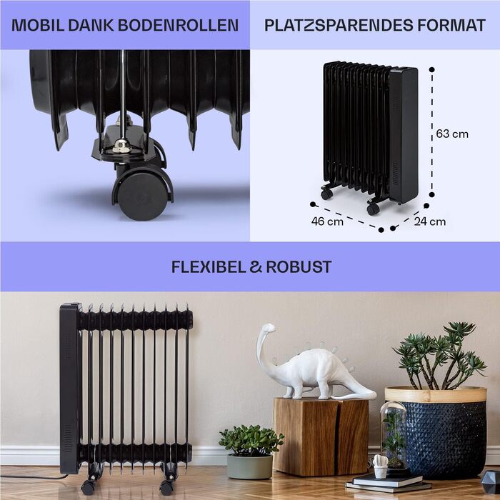 Електричний масляний радіатор Klarstein 2500W з термостатом та Wi-Fi, мобільний, чорний