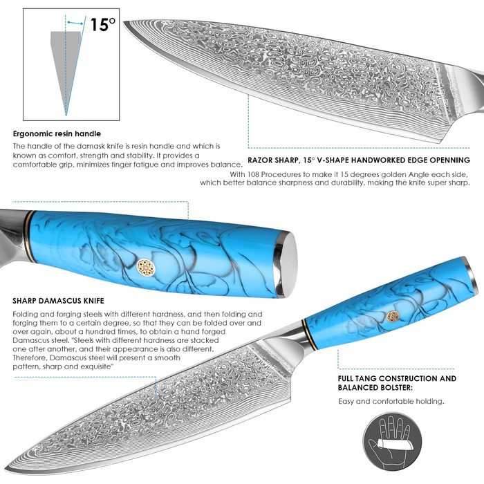 Ніж шеф-кухар Kiritsuke з дамаської сталі Home Safety, 18.8 см, VG-10, ергономічна ручка з натуральної смоли, подарункова коробка