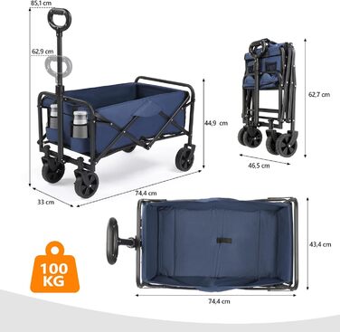 Візок-теліжка Bonnlo Bollerwagen складаний, 100 кг, 600D Oxford, синій - для кемпінгу, покупок, саду