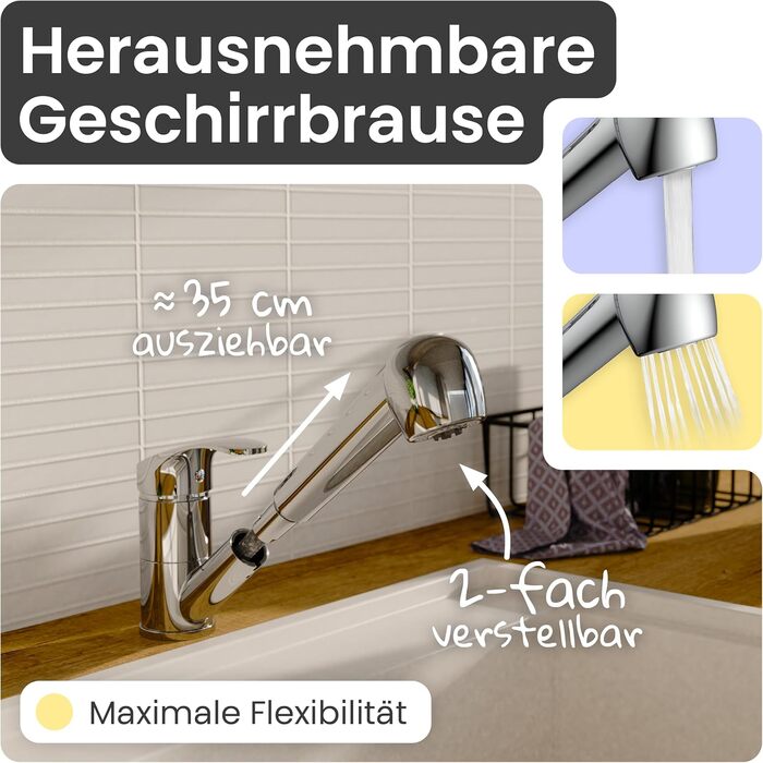 Кухонний змішувач Instmaier Elena з виливним гусаком та душовою насадкою | Хром | З витяжною системою | Змішувач для кухні з 2 режимами струменя | Однорідний змішувач з поворотним виливом (низький тиск)