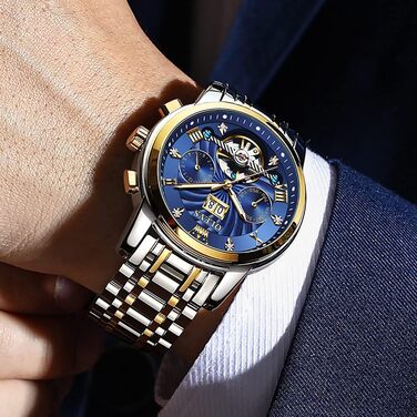 Чоловічий автоматичний скелетон годинник OLEVS: механічний люксовий годинник із багатофункціональним календарем, водонепроникний, сталь, синій