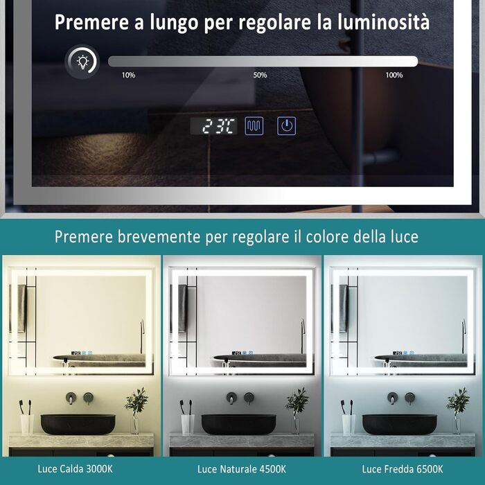 Дзеркало для ванної кімнати YU YUSING з підсвічуванням 60x80 см, протизапітніння, 3 кольори світла, регулювання яскравості, LED, годинник, IP44, металевий каркас, вертикальне, срібне