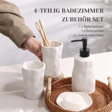4-Piece Bathroom Accessories Set, Ceramic Bathroom Accessories Set with Soap Dispenser, Soap Dish, Toothbrush Holder, Elegant Matte Bathroom Set with Embossed Details, White