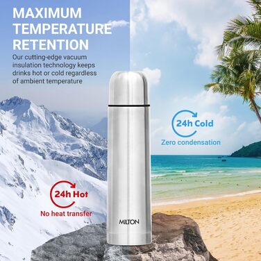 Термос Milton Thermosteel Flip Lid 1000 мл, вакуумна stainless steel пляшка для напоїв (гаряче/холодне до 24 год), герметична, срібляста
