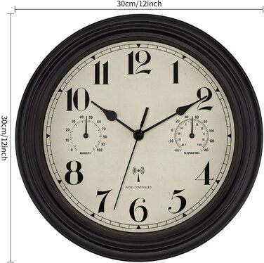 Foxtop Funk Wall Clock, Indoor Outdoor Weatherproof Wall Clock with Temperature Display and Hygrometer, No Ticking Sounds Silent Retro Clock for Terrace Bathroom Kitchen Living Room Home Decor (Bronze, 30cm)