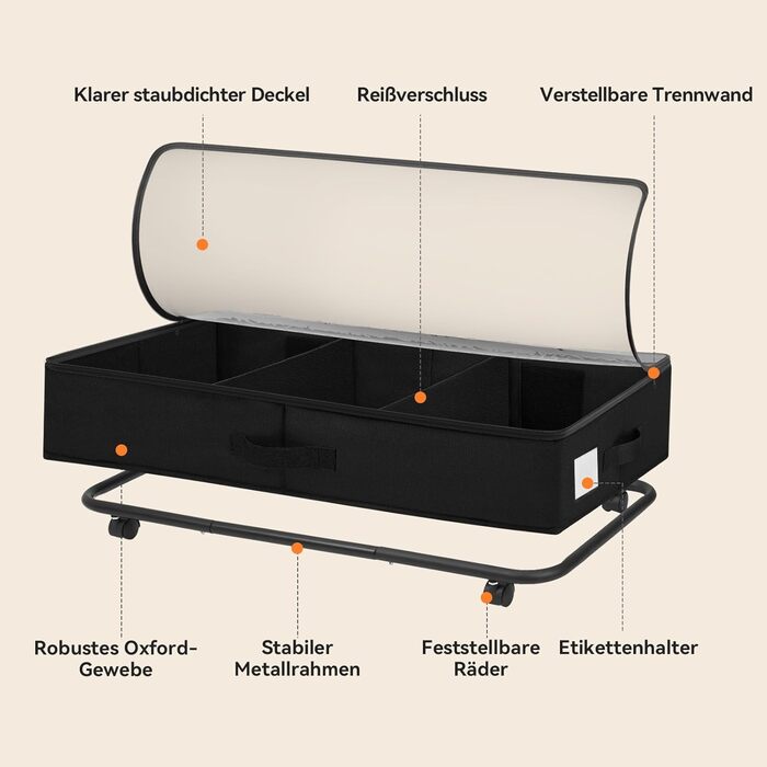 Підліжкова комода на колесах 2 шт., 48 л, ящик для зберігання під ліжком з кришкою та металевим каркасом, складаний ящик для зберігання під ліжко для одягу, постільної білизни, взуття (44л*2, блискавка)