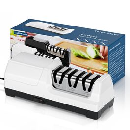 Електричний точило для ножів професійний 3-х ступінчастий з захистом від перегріву, тихий мотор, швидке заточування кухонних ножів (білий)