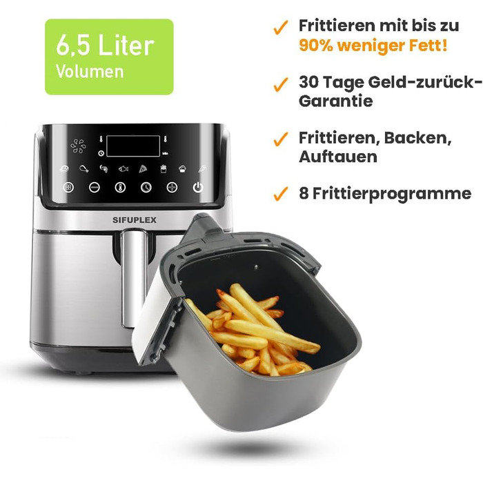 Фритюрниця Sifuplex з гарячим повітрям 6.5L з Rapid Air, сенсорне управління, 3 функції: смаження, випікання, розморожування