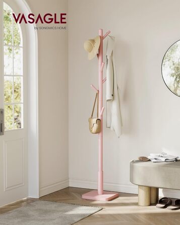 VASAGLE Coat Rack, Clothes Rack Solid Wood, Tree Shape Jacket Stand, 8 Hooks for Jackets, Hats, for Entryway, Hooks and Hold Bar Made of Rubber Wood, Cloud White RCR00W02 (Pastel Pink, 1)