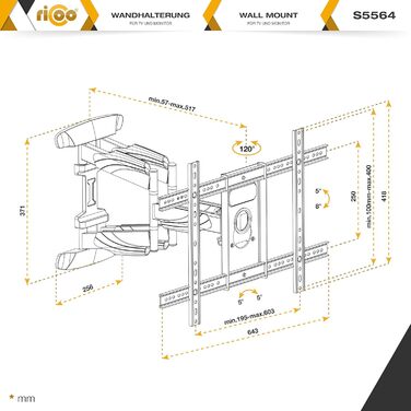 Настінне кріплення для телевізора RICOO поворотне 40-75 дюймів, до 95 кг, VESA 400x400, для Smart TV, LED, LCD, вигнутих екранів