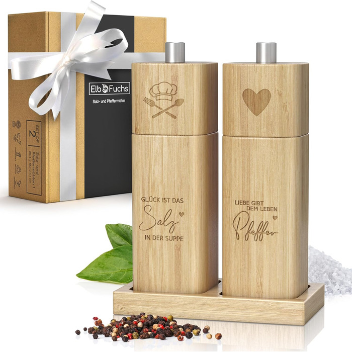 ELBFUCHS® Salt and Pepper Mill Wood Large [PERFECT GIFT IDEA] Loving 2-piece set of pepper and salt mills with ceramic grinder | Ideal for wooden wedding gift, housewarming, engagement party