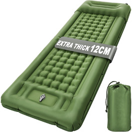 Self-Inflating Camping Mat with Pillow & Foot Pump - 12cm Thick, Ultralight Waterproof Sleeping Pad for Hiking, Beach, Outdoor & Tent Use