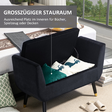 HOMCOM Luxury Bench with Storage & Armrests, Velvet Polyester, Rubber Wood, Black, 107x42x65cm for Living Room & Entryway