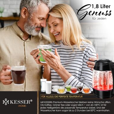 Електричний чайник KESSER 1,8 л зі сталі та скла з LED підсвічуванням, зміною кольору за температурою (60–100°C), ситечком для чаю, фільтром від накипу, функцією підтримки тепла, чорний
