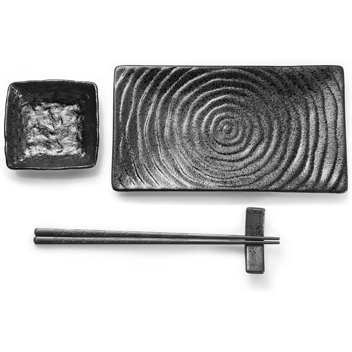 Набір посуду Юда Суші з кераміки, 8 предметів – японський посуд для 2 осіб (2 тарілки, миски для соєвого соусу, палочки та підставка) – високоякісна кераміка, придатний для мікрохвильової печі та миття в посудомийній машині – елегантний подарунок (1 набір