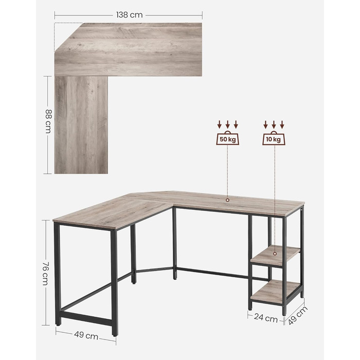 VASAGLE Desk, L-Shaped Computer Desk, 138 x 138 x 76 cm, Corner Desk with 2 Shelves, Space-Saving Office Desk, Gaming, Home Office, Easy Assembly, Greige-Black LWD72MB Greige + Black