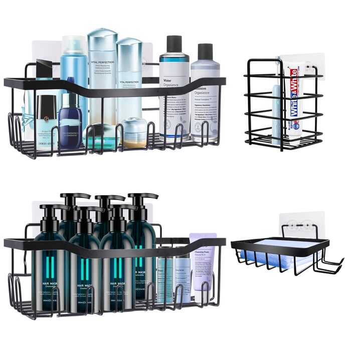 Поличка для душу WAOAW без свердління, 2 шт. чорного кольору, з нержавіючої сталі, для шампуню, гелю для душу, мила, косметики