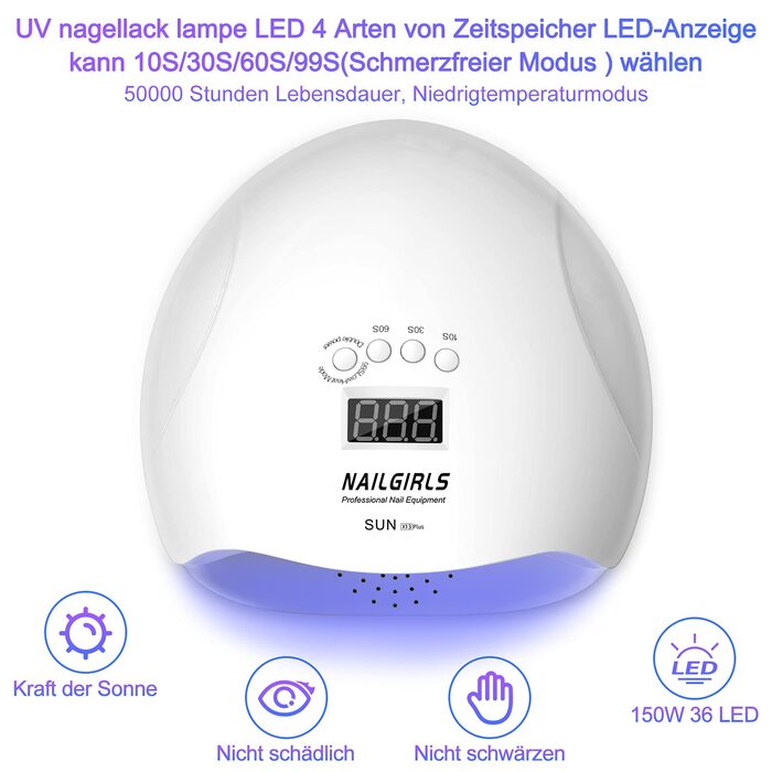 LED UV лампа для нігтів NAILGIRLS 150W з таймером, LCD дисплеєм та знімною магнітною пластиною (біла)