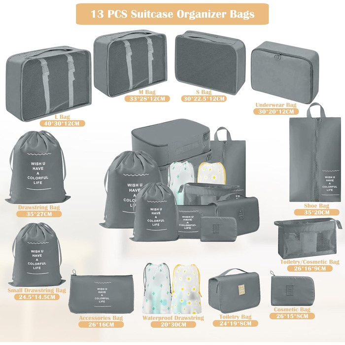 Набір органайзерів для валізи 13 шт., Packing Cubes, водонепроникні органайзери для подорожей та відпустки, дорожній органайзер з прозорими сумками (Сірий)