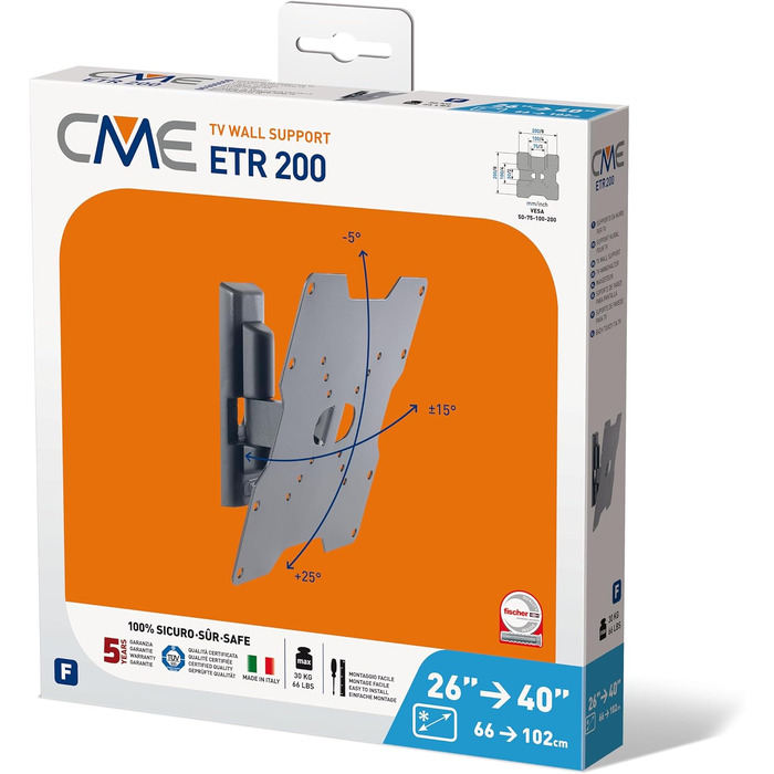 Настінний кронштейн для ТБ Meliconi CME ER 200 (чорний), поворотний та нахильний, для телевізорів 26