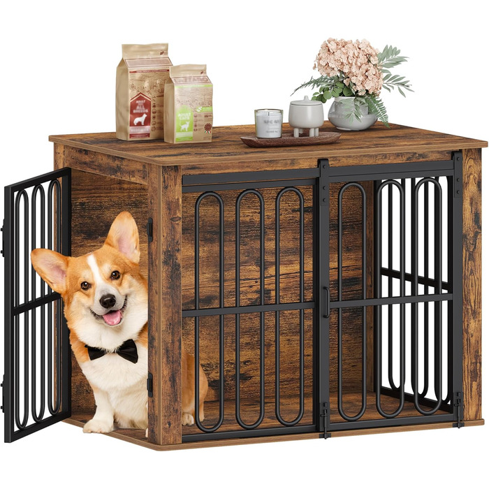 Дерев'яний вольєр для собак, 81 см, вольєр-стілець для дому, 2 двері, розсувні, для маленьких та середніх собак, міцний, 81 × 55 × 62,4 см, білий (коричневий)