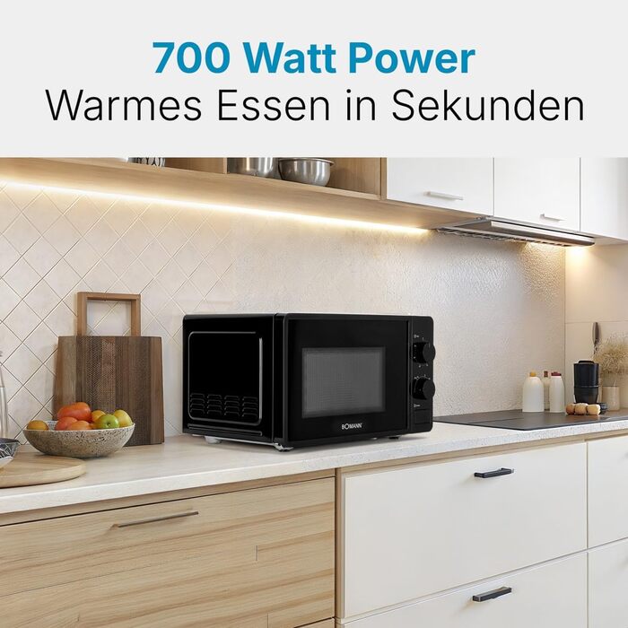 Мікрохвильова піч Bomann MW 6014 CB чорна, 700 Вт, 20 л, 6 рівнів потужності, поворотний піднос 360°