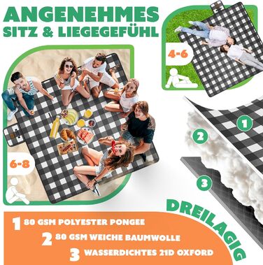 KESSER® Picnic Blanket Camping Blanket XXL 200 x 200 cm - Warm Insulated with Waterproof Bottom, Carrying Handle, Foldable Beach Blanket, Picnic Blankets for 4-6 People, Washable Picnic Blanket (Black / White)